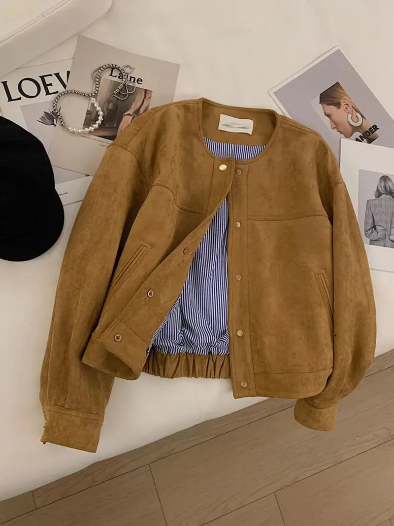 Suede Short Jacket Women Korean Camel Fashion Long Sleeve Flight Suit Harajuku Single Breasted Loose Tops Female Vintage Coats