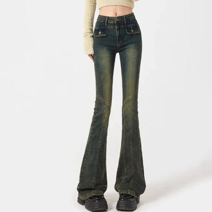 Woman High Waist Elastic Spliced Wide Leg Jeans Female Vintage Slim Fit Flare Pants Lady Blue Black Grey Denim Trousers Big Size