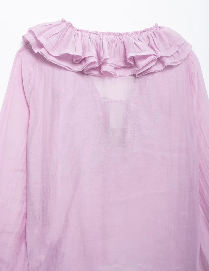 MUJER 2025 Ruffle Blouses for Women Semi Sheer Casual Blouse Woman Pleated Summer Shirts and Blouses Women Long Sleeve Women Top