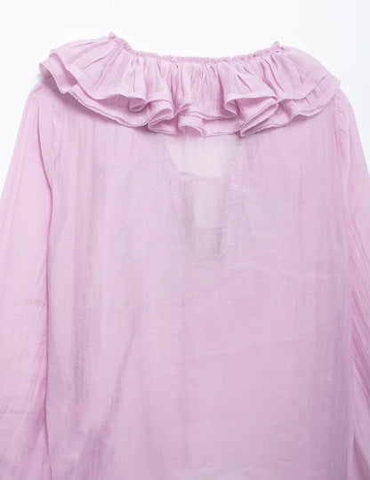 MUJER 2025 Ruffle Blouses for Women Semi Sheer Casual Blouse Woman Pleated Summer Shirts and Blouses Women Long Sleeve Women Top
