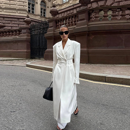 Street Fur Long Women's Jacket Long Sleeve Shoulder Pad Lapel Femal Coat 2025 Autumn Fashion Solid Double Buckle Lady Outwears