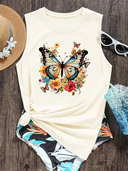 butterfly  Print Tank Top, Sleeveless Crew Neck Casual Top For Spring & Summer, Women's Clothing
