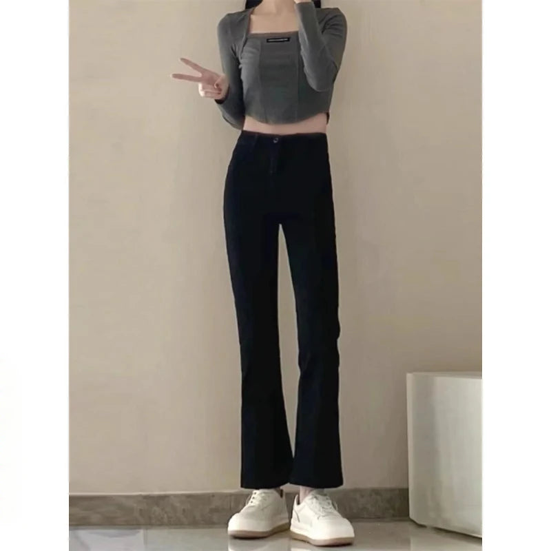 Bla Flared Jeans Women's Summer Large Size Slim High Waist Straight Leg Elastic Floor-Length Pants Elastic Waisand Zipper...