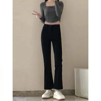 Bla Flared Jeans Women's Summer Large Size Slim High Waist Straight Leg Elastic Floor-Length Pants Elastic Waisand Zipper...