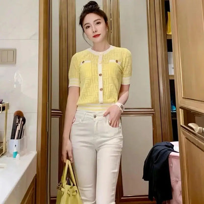 Ice Silk Knitted Sweater Cardigan Women's 2025 Summer New Short-sleeved Hollow Out Korean Style Office Lady Chic Top