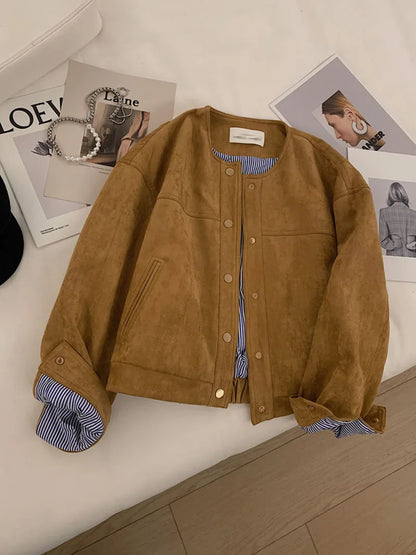 Suede Short Jacket Women Korean Camel Fashion Long Sleeve Flight Suit Harajuku Single Breasted Loose Tops Female Vintage Coats