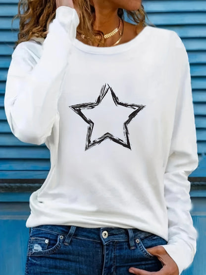 Heart Print Crew Neck T shirt Casual Long Autumn winter top women's long sleeved T-shirt loose comfortable black  white