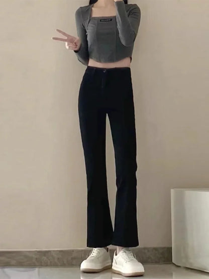 Bla Flared Jeans Women's Summer Large Size Slim High Waist Straight Leg Elastic Floor-Length Pants Elastic Waisand Zipper...