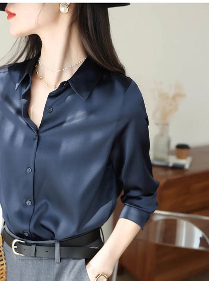 Spring Autumn Elagant Satin Women's Blouse 2025 New Long Sleeve Turn-down Collar Korean Casual Loose Office Lady Shirts Female