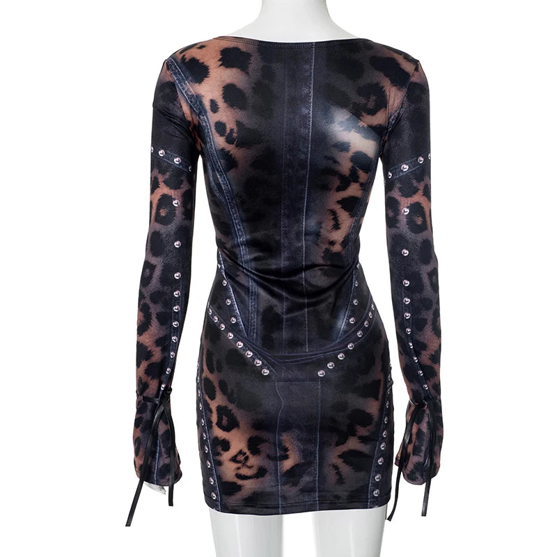 CUTENOVA 2024 Autumn And Winter New Women'S Fashion Leopard Print Slim Flared Long-Sleeved Package Hip Short Skirt Dresses Y2K
