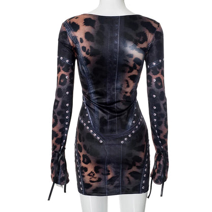 CUTENOVA 2024 Autumn And Winter New Women'S Fashion Leopard Print Slim Flared Long-Sleeved Package Hip Short Skirt Dresses Y2K