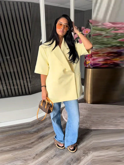 Fashion Lapel Suit Jacket Women Casual Loose Short Sleeve Office Lady Coat 2025 New Chic Autumn Single Button Oversize Jacket
