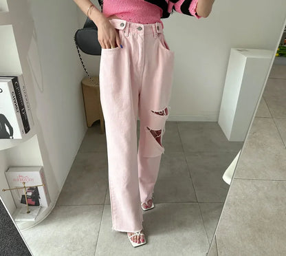 REALEFT 2025 New Hole Pink Women's Denim Wide Leg Pants High Waist Spring Summer Casual White Jeans Straight Trourses Female