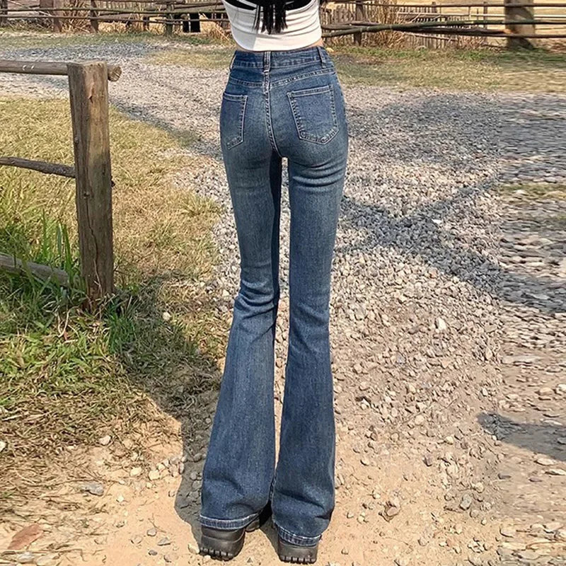 Women Vintage High Street Bell Bottom Jeans Lady Sexy Slim Fit Denim Flare Pants Deep Blue Light Blue Black Blue Gray Trousers