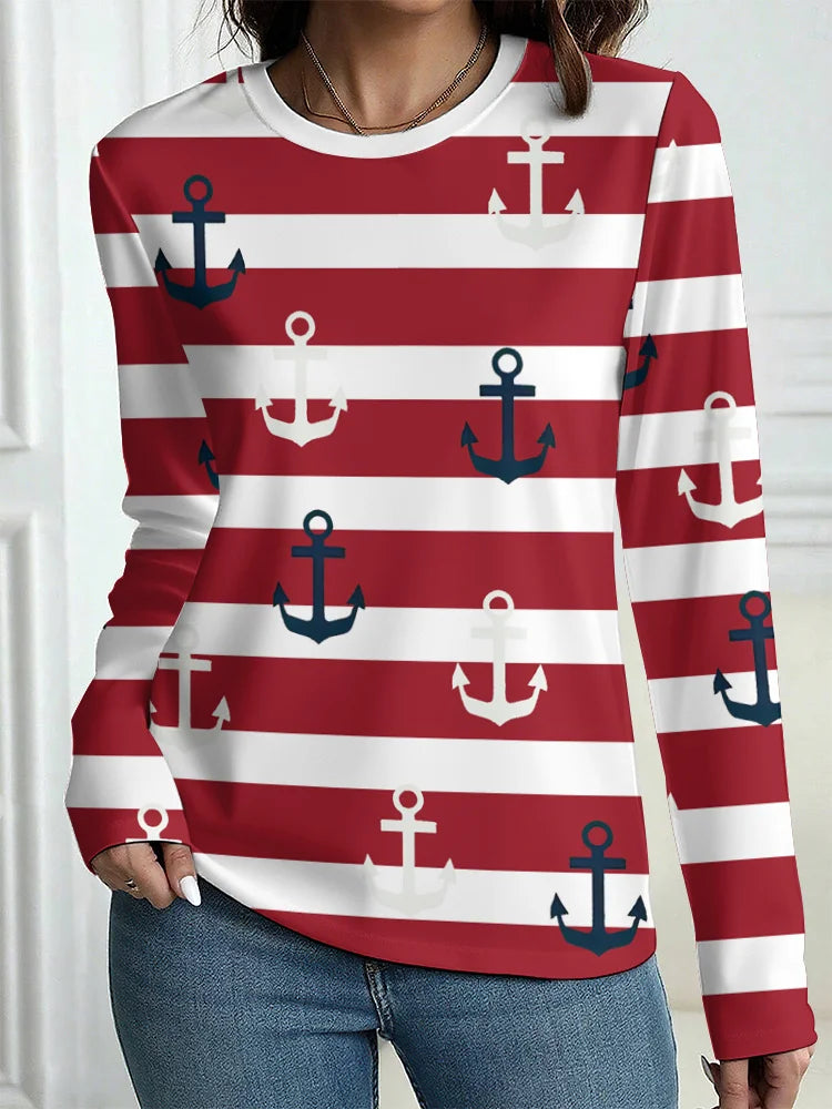 Women's T-Shirt Outdoor Casual Long Sleeve Pattern Print Street Crew Neck Fall Female Oversized Clothing Fashion T Shirts