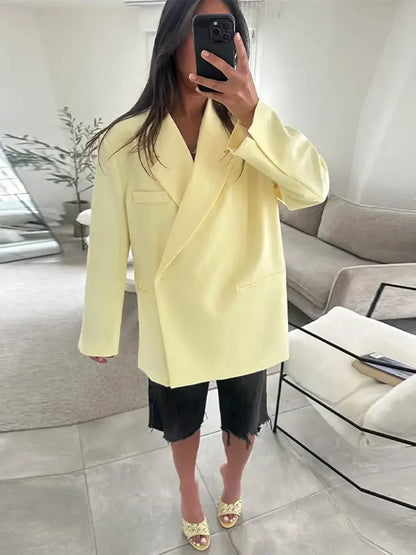 Fashion Lapel Suit Jacket Women Casual Loose Short Sleeve Office Lady Coat 2025 New Chic Autumn Single Button Oversize Jacket
