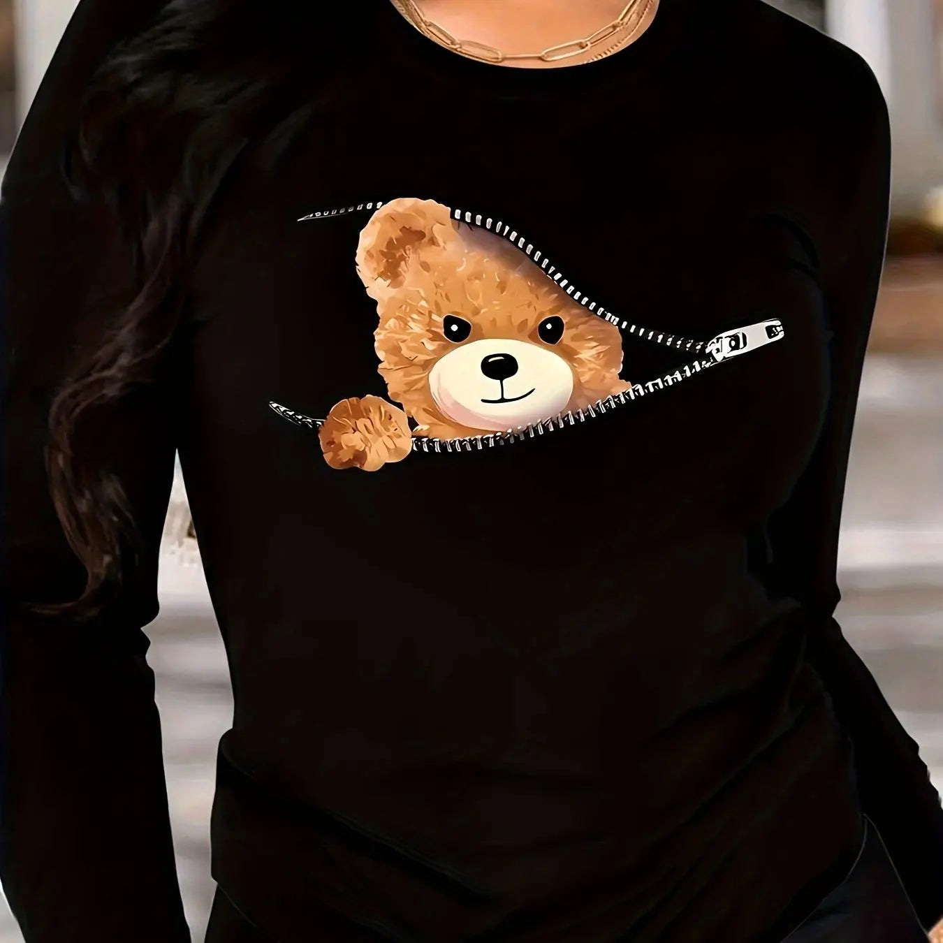 Teddy Bear Print Crew Neck T shirt Casual Long Autumn winter top women's long sleeved T-shirt loose comfortable black  white