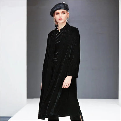 Spring Autumn Women Elegant Velvet Trench Coat Office Lady Fashion Open Stitch Coat Solid Velour Overcoat long jacket women 2025
