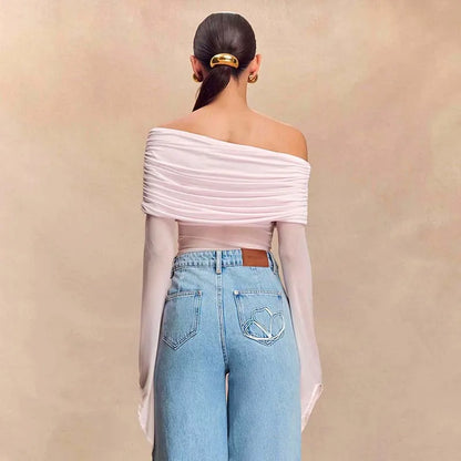 Off Shoulder Autumn Female's T-Shirt Solid Color Asymmetric Slash Neck Patchwork Women's Top Sexy Long Sleeve T-Shirt For Lady