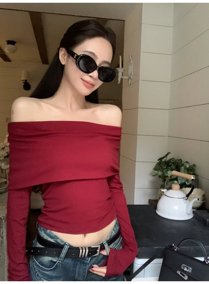 Sexy Tops Off Shoulder Long Sleeve Crop Top Women's Autumn/Winter 2024 New Spicy Girl Slim Fit Short Red T-shirt
