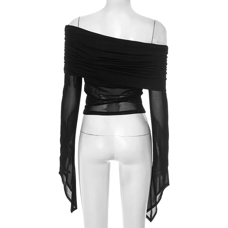 Off Shoulder Autumn Female's T-Shirt Solid Color Asymmetric Slash Neck Patchwork Women's Top Sexy Long Sleeve T-Shirt For Lady