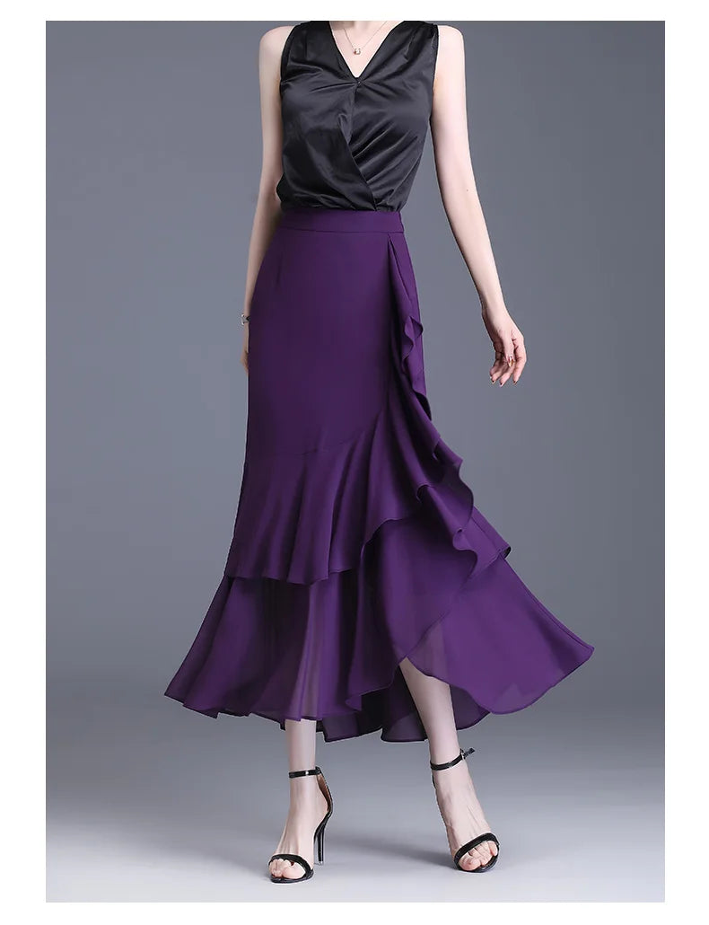 ZUZK Fashion Irregular Fishtail Chiffon Skirts Elegant High Waist Summer Luxury Party Skirt Female Ruffles Long Skirts