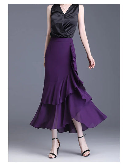 ZUZK Fashion Irregular Fishtail Chiffon Skirts Elegant High Waist Summer Luxury Party Skirt Female Ruffles Long Skirts