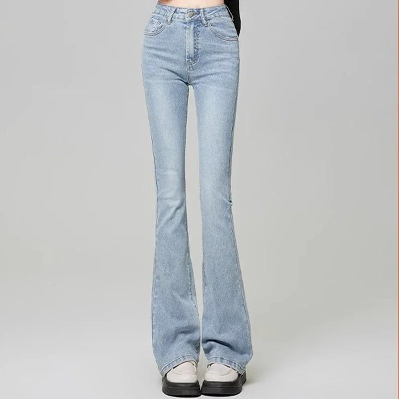 Women Vintage High Street Bell Bottom Jeans Lady Sexy Slim Fit Denim Flare Pants Deep Blue Light Blue Black Blue Gray Trousers