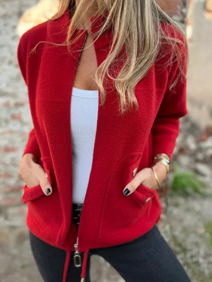 New Casual Zipper Cardigan Wool Jacket For Women's 2025 New Fashion Stand Collar Tether Pocket Loose Versatile Female Wool Coat