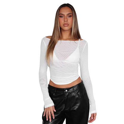 Female's Autumn T-Shirt Sheer Mesh Off-Shoulder Curved Hem Pullover Long Sleeve Women's Top Comfortable Clothing For Lady