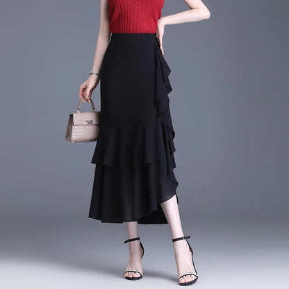 ZUZK Fashion Irregular Fishtail Chiffon Skirts Elegant High Waist Summer Luxury Party Skirt Female Ruffles Long Skirts