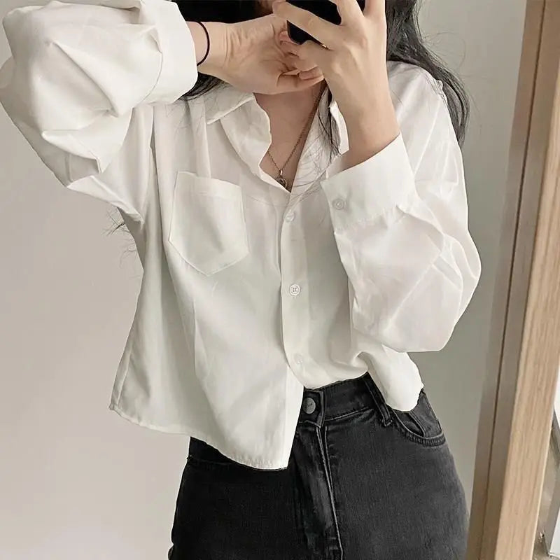 Simple Single Breasted Loose Casual Solid Long Sleeved Shirt And Blouse Office Lady Trend Short Top Simple Elegant White Clothes