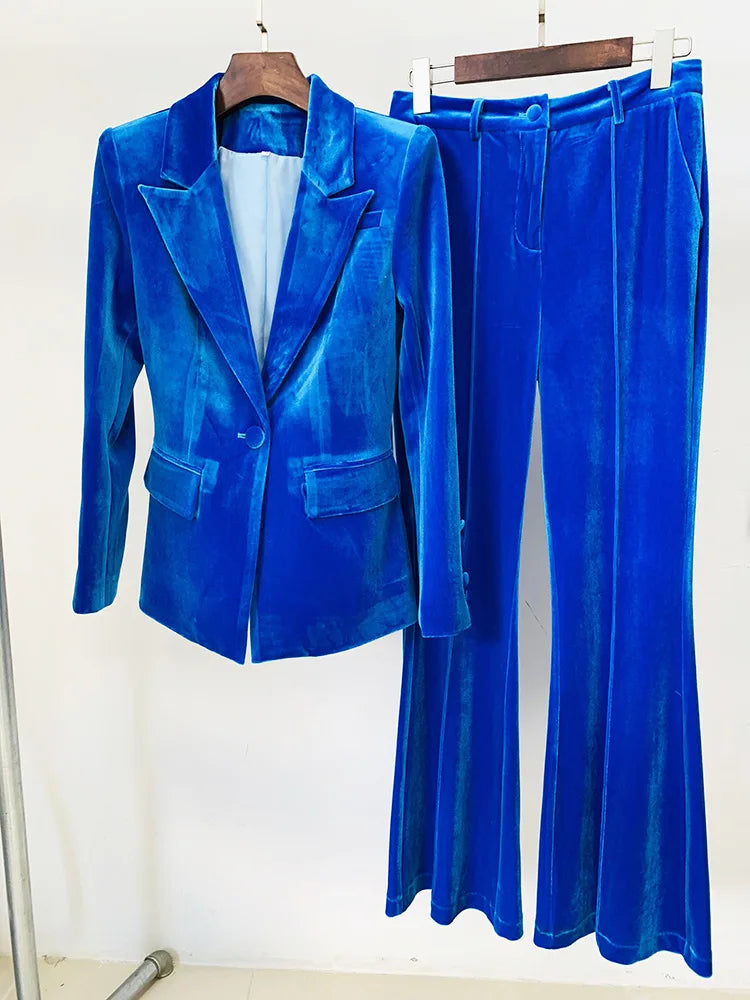 HIGH STREET Newest 2025 Grace Muse F/W Designer Suit Set Women's Single Button Velvet Blazer Flare Pants Set 2pcs