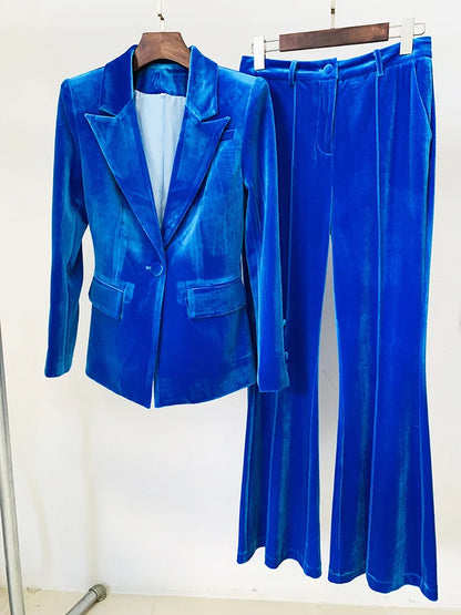 HIGH STREET Newest 2025 Grace Muse F/W Designer Suit Set Women's Single Button Velvet Blazer Flare Pants Set 2pcs