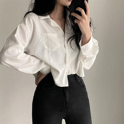 Simple Single Breasted Loose Casual Solid Long Sleeved Shirt And Blouse Office Lady Trend Short Top Simple Elegant White Clothes