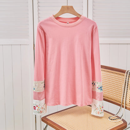 Vintage Chinese Style Women's Clothing Top Long Sleeve Jacquard Embroidery Crew Neck Panelled Long Sleeves Loose T-Shirts