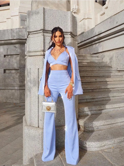 HIGH QUALITY New Fashion 2024 Designer Blazer Suit Set Women's Single Button Diamonds Beaded Camis Blazer Pants Suit 3pcs Set