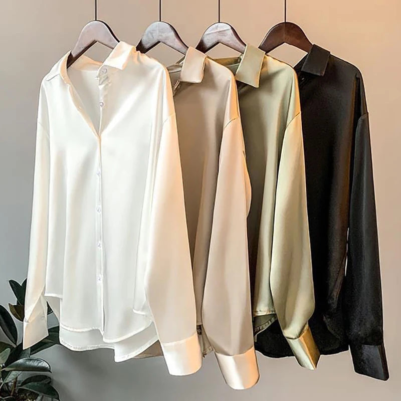 Elegant Black White Shirt Women Spring Autumn Long Sleeve Silk Satin Blouses For Women Fashion Turn Down Collar Button Shirt