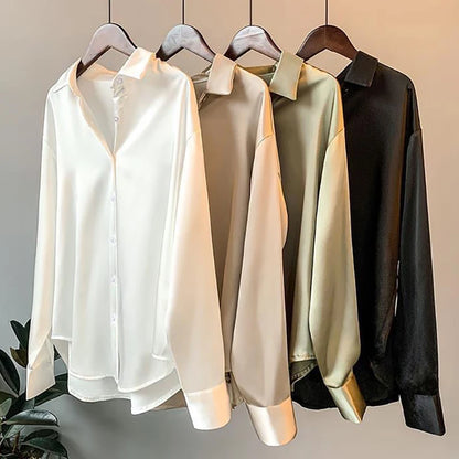 Elegant Black White Shirt Women Spring Autumn Long Sleeve Silk Satin Blouses For Women Fashion Turn Down Collar Button Shirt