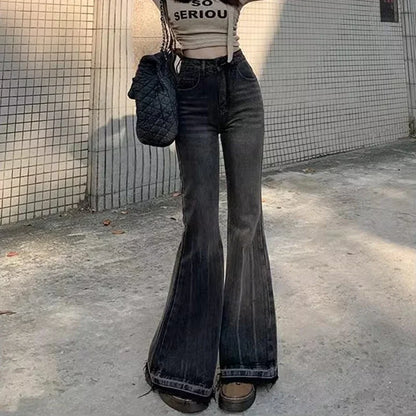 Woman High Waist Vintage Casual Flare Jeans Girls Elastic Slim Fit Bell Bottom Pants Lady Fashion Blue Black Grey Denim Trousers
