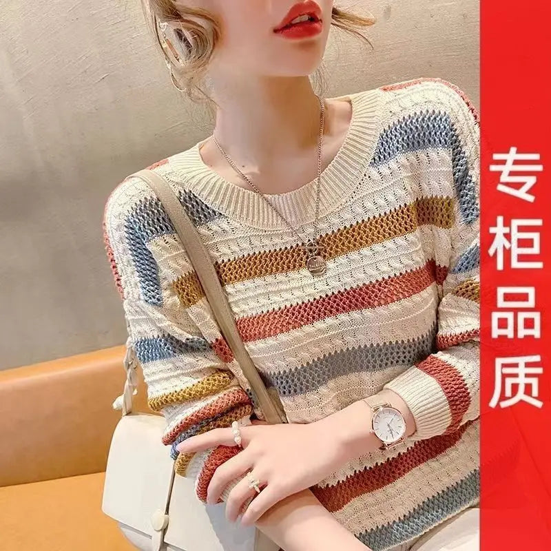 2024 Spring Summer New Hollow Color Striped Knitted Top Women's Loose Fit Cropped Bat Top Thin Cover Ups Crew Neck Pullovers