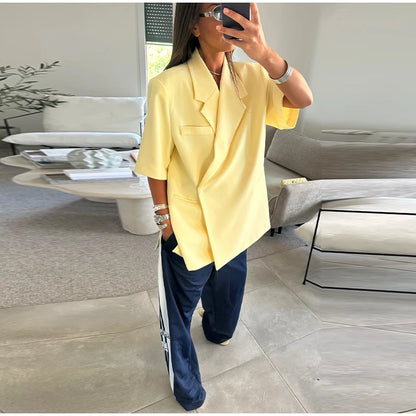 Women's Suit Jackets Loose Lapel One Button Short Sleeve Blazers 2025 Summer Elegant Lady Office Outwear Street
