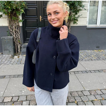 Stand Collar Women Winter Woolen Coats Single Breasted Loose Female Long Sleeve Jacket  Autumn Office Lady Street Short Coat