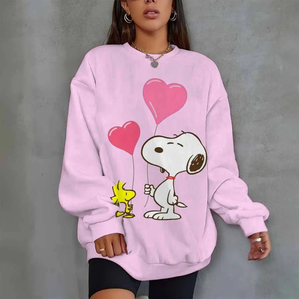 Snoopy Heart Print Crew Neck T shirt Casual Long Autumn winter top women's long sleeved Sweatshirt loose comfortable Hoodies
