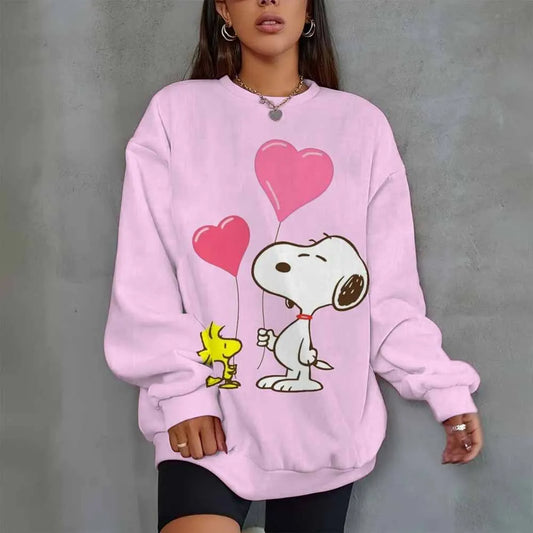 Snoopy Heart Print Crew Neck T shirt Casual Long Autumn winter top women's long sleeved Sweatshirt loose comfortable Hoodies