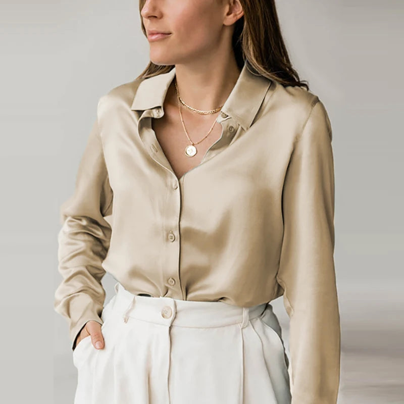 Elegant Black White Shirt Women Spring Autumn Long Sleeve Silk Satin Blouses For Women Fashion Turn Down Collar Button Shirt