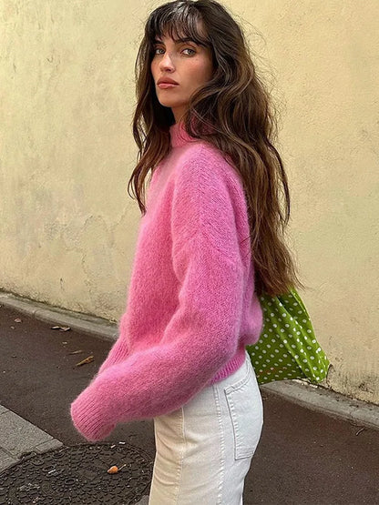 Fluffy Mohair Crew Neck Slouchy Sweater Soft Textured Loose Fit 2025 Autumn Cozy Chic Women Knit Top Casual Sweet Lady Jumper
