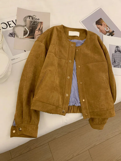 Suede Short Jacket Women Korean Camel Fashion Long Sleeve Flight Suit Harajuku Single Breasted Loose Tops Female Vintage Coats