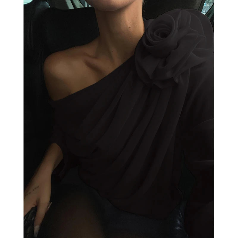 Candyhot Irregular Sexy Off Shoulder Oblique-neck Flower Applique T Shirt French Fashion Long Sleeve Crop Tops Chic Mesh Camis