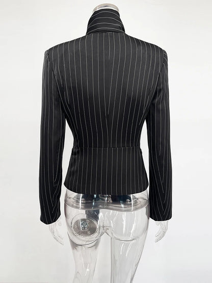 TARUXY Striped Print V-neck Ribbon Suit Coat For Women Long Sleeve Buttons Office Lady Top Elegant Female New Blazer Outwear